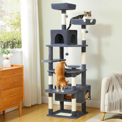 Arbre à chat XXL 184 cm, 2 cabanes, nombreux supports, 2 tours d'observation, balles et poteaux à griffer - Saloki