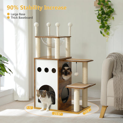 Arbre à chat bois cube avec 2 condos, 2 plateformes, 1 panier et 1 pompom – Lolya