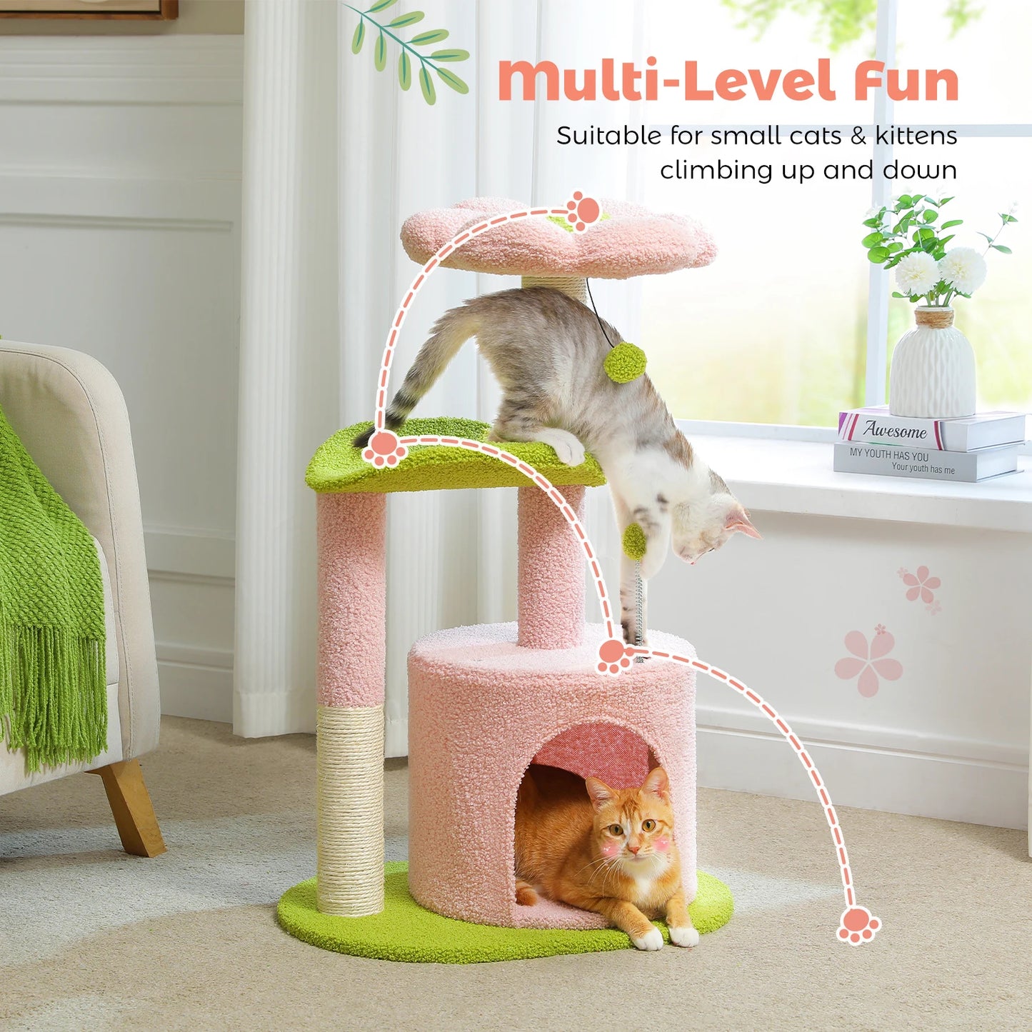 Petit arbre à chat de 84 cm doté de poteaux griffoir, 2 balles, 1 maisonnette et 2 supports - Ilanesse