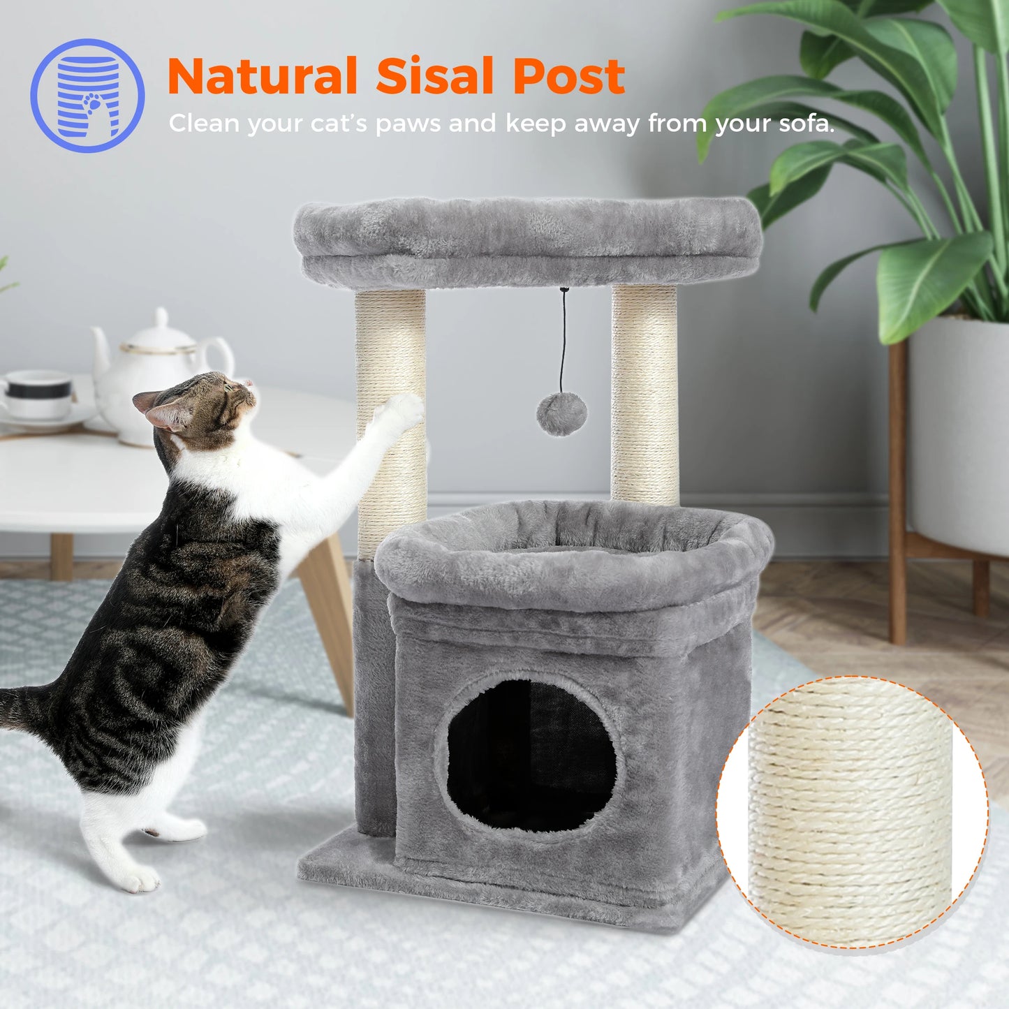 Petit arbre à chat avec 2 supports, griffoir, balle et 1 cabanon - Yzela