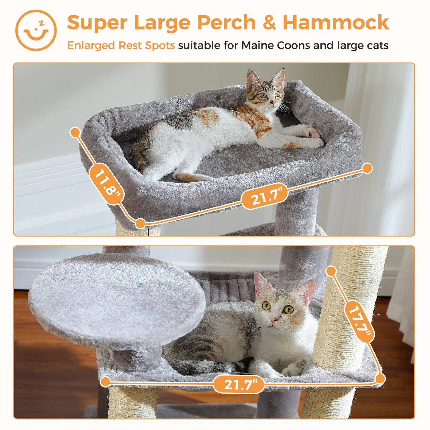 Arbre à chat maine coon avec poteaux à griffer, maisonnette et balle suspendue – Zirvana