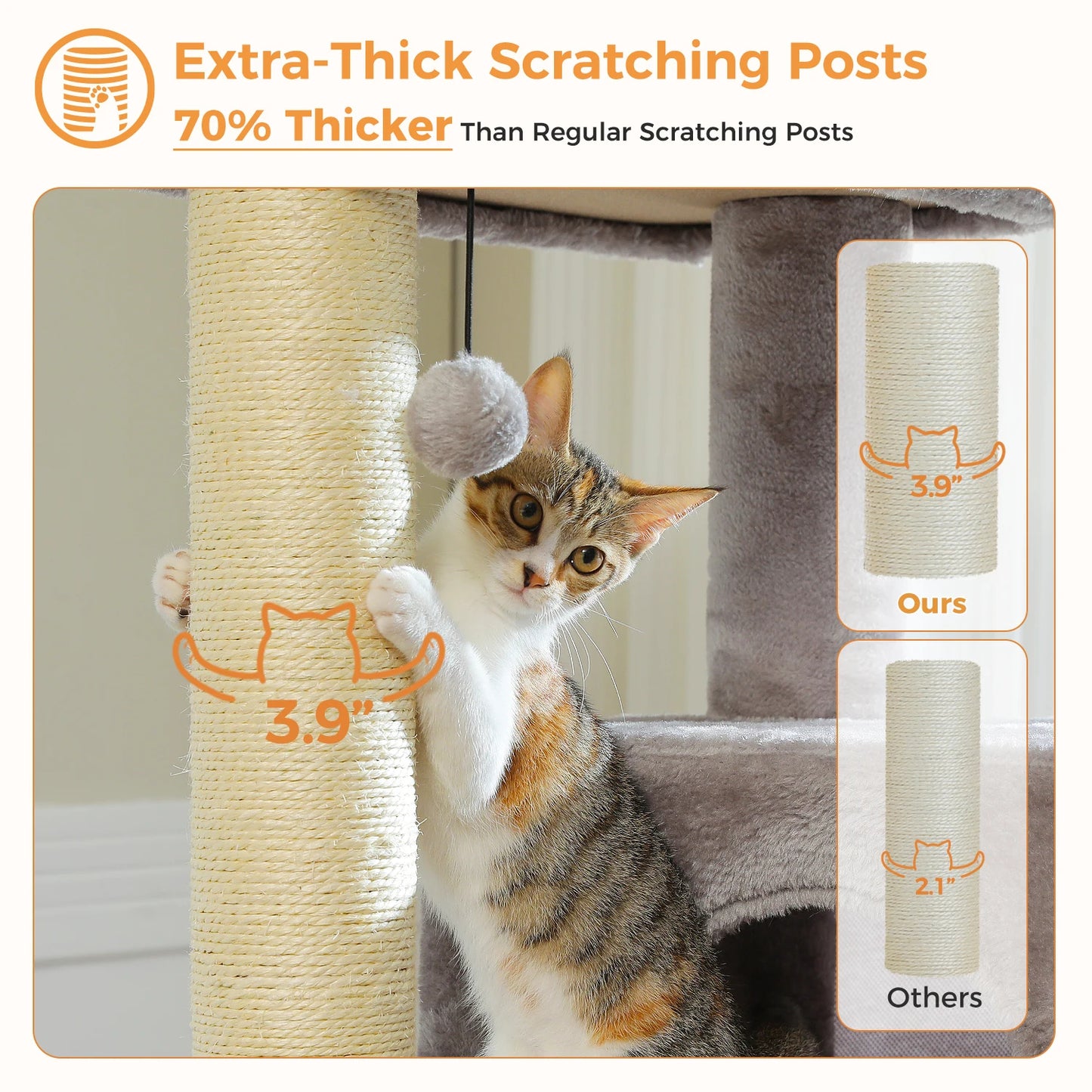 Arbre à chat maine coon avec poteaux à griffer, maisonnette et balle suspendue – Zirvana