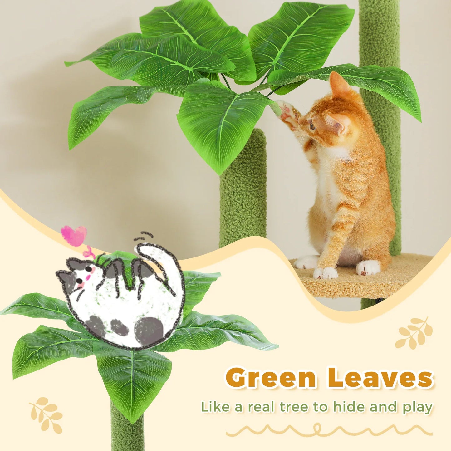 Arbre à chat design tropique doté de nombreux plateformes, paniers, rampe, griffoir, condo et tour d'observation – Jalya