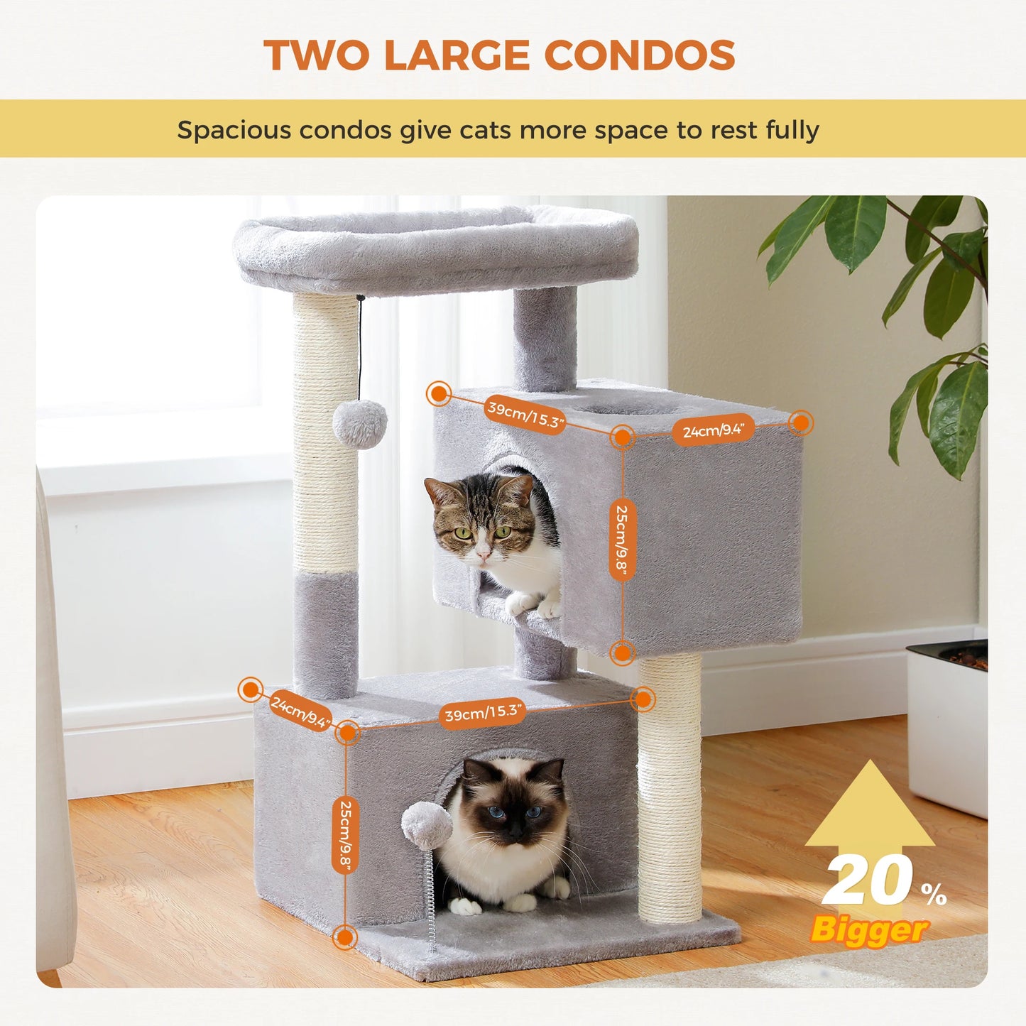 Petit arbre à chat de 80 cm avec 2 maisonnettes, 2 poteaux à griffer en sisal, 1 tour d'observation et 2 balles - Vedor