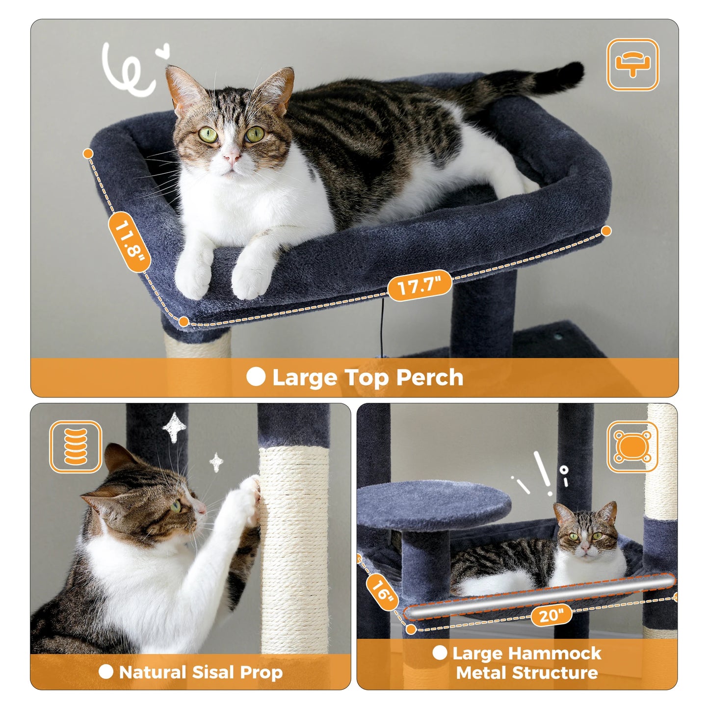 Arbre à chat maine coon doté de panier, condo, plateformes, balle et griffoir en sisal, gris foncé - Orani