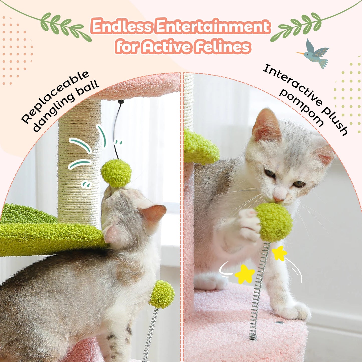 Petit arbre à chat de 84 cm doté de poteaux griffoir, 2 balles, 1 maisonnette et 2 supports - Ilanesse