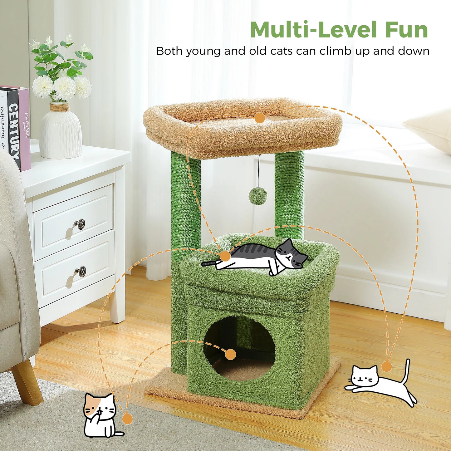 Petit arbre à chat doté de 1 maisonnette, 2 plateformes, griffoir sisal et pompon - Aylune