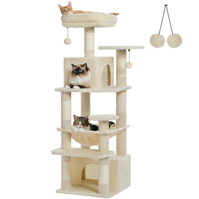 Arbre à chat maine coon 136 cm dispose de plusieurs plateformes, maisonnettes, griffoir en sisal, tour supérieur et pompoms - Zanor