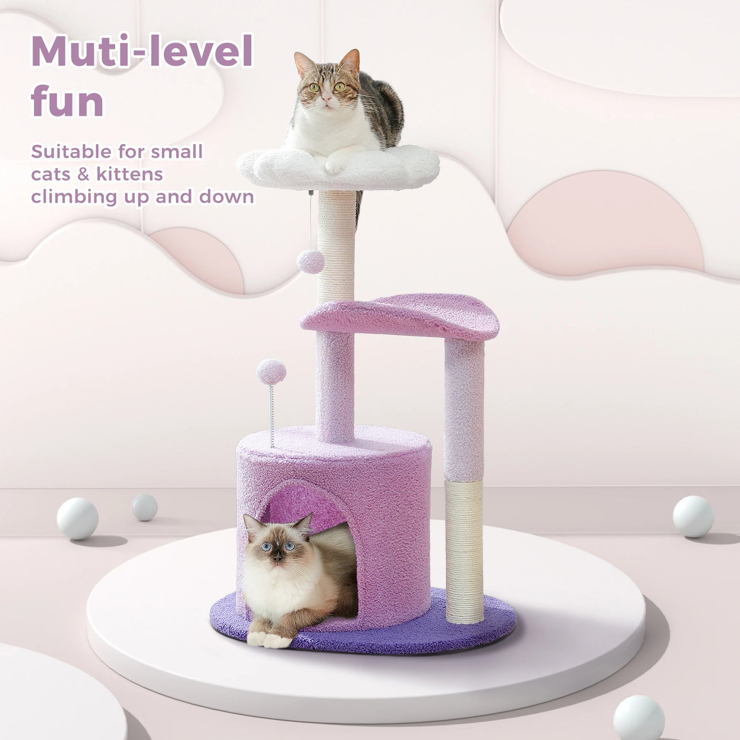 Petit arbre à chat de 84 cm équipé de 2 plateformes, 1 cabane, poteaux griffoir et 2 pompoms - Delanore