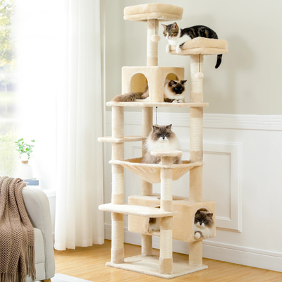 Arbre à chat XXL 184 cm, 2 lits surélevés, panier, multiples plateformes, 2 cabanes, griffoir en sisal et pompom - Perlova