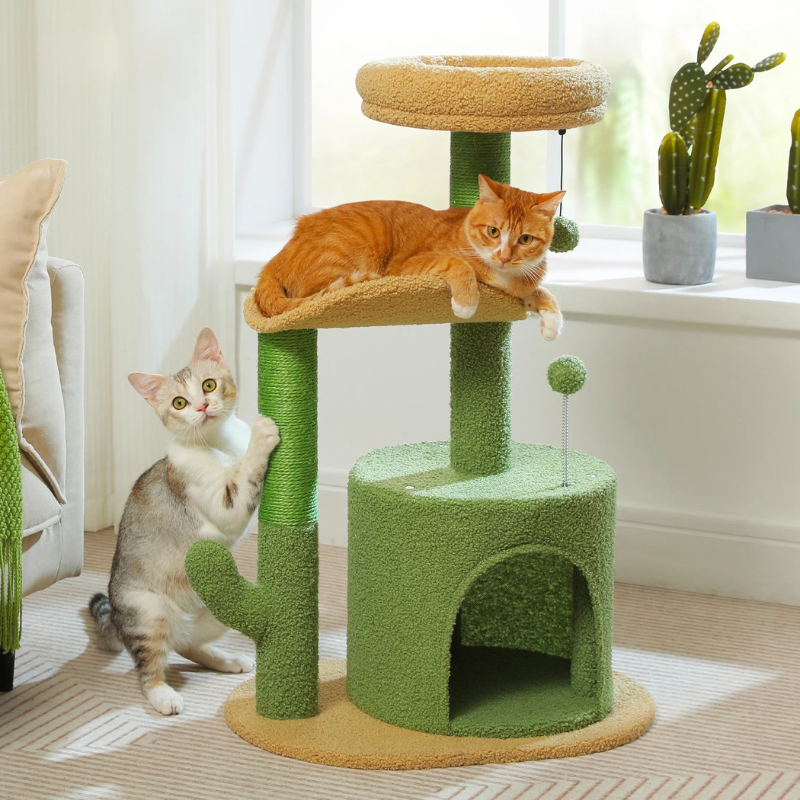 Arbre à chat maine coon cabane arrondi avec 2 jouets et griffoir en sisal – Lumo