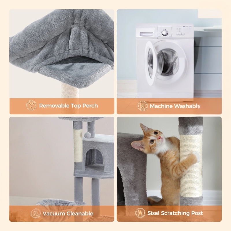 Arbre à chat maine coon comprenant multiples étages, plusieurs surfaces, paniers, condo, balles et niche en hauteur - Nakaho