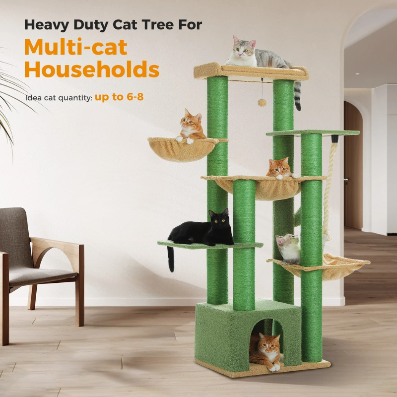 Arbre à chat maine coon qui comprend une maisonnette, nombreux supports, 2 paniers, corde et poteaux à griffer en sisal - Berra