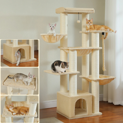 Arbre à chat maine coon doté de plusieurs paniers, maisonnette, poteaux, corde à griffer et tour d'observation - Faela