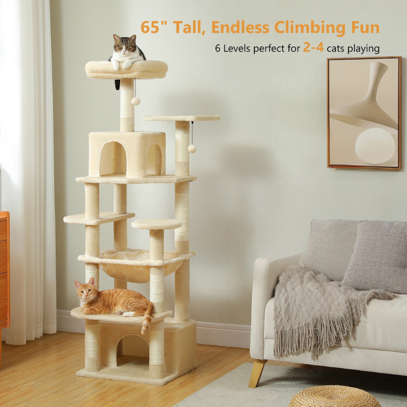 Arbre à chat XXL 164 cm, 2 niches en hauteur, plusieurs supports, 2 condos, pompoms et griffoir sisal - Talumera