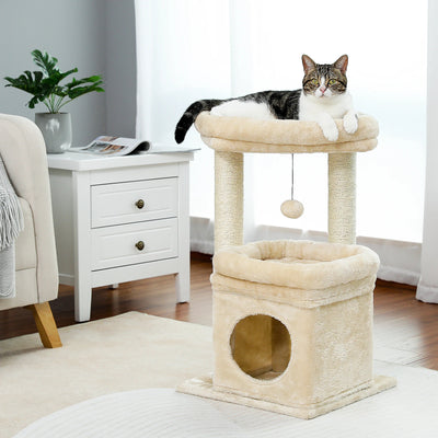Petit arbre à chat équipé de 2 plateformes, 1 cabane, griffoir et pompon - Kiria