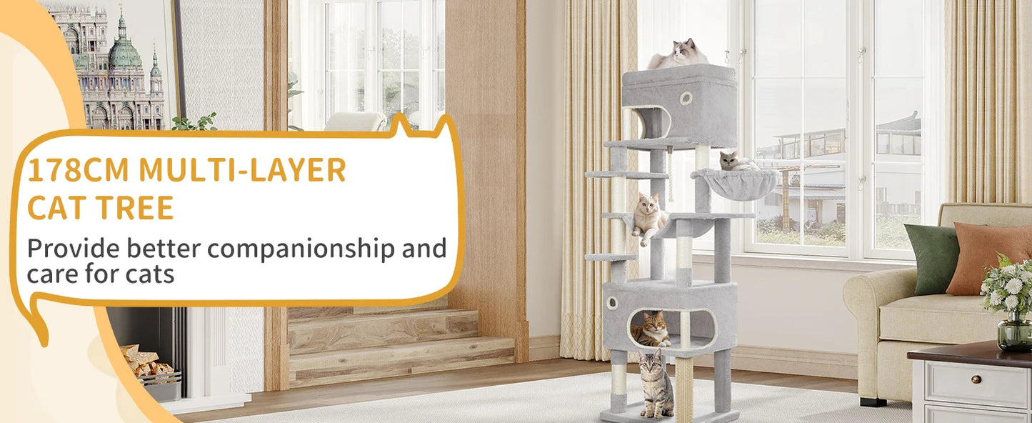 Arbre à chat XXL 178 cm avec griffoirs en sisal, 2 maisonnettes, 1 panier, nombreux plateformes, corde et pompons - Qitouni