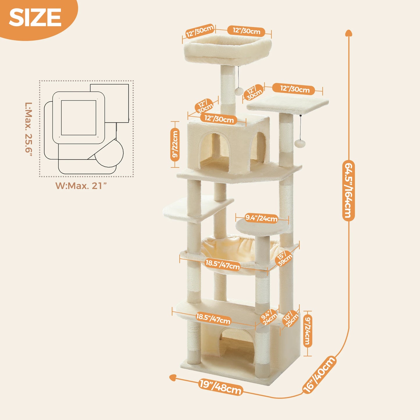 Arbre à chat XXL 164 cm, 2 niches en hauteur, plusieurs supports, 2 condos, pompoms et griffoir sisal - Talumera