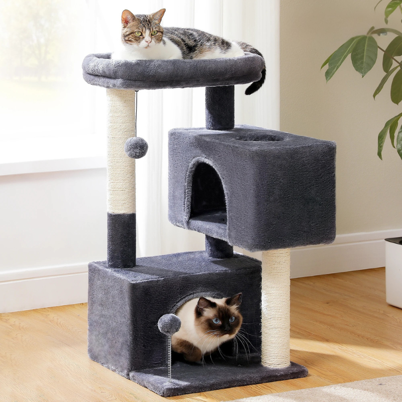Petit arbre à chat équipé de 2 condos, 2 griffoirs, 1 lit en hauteur et 2 balles - Arko