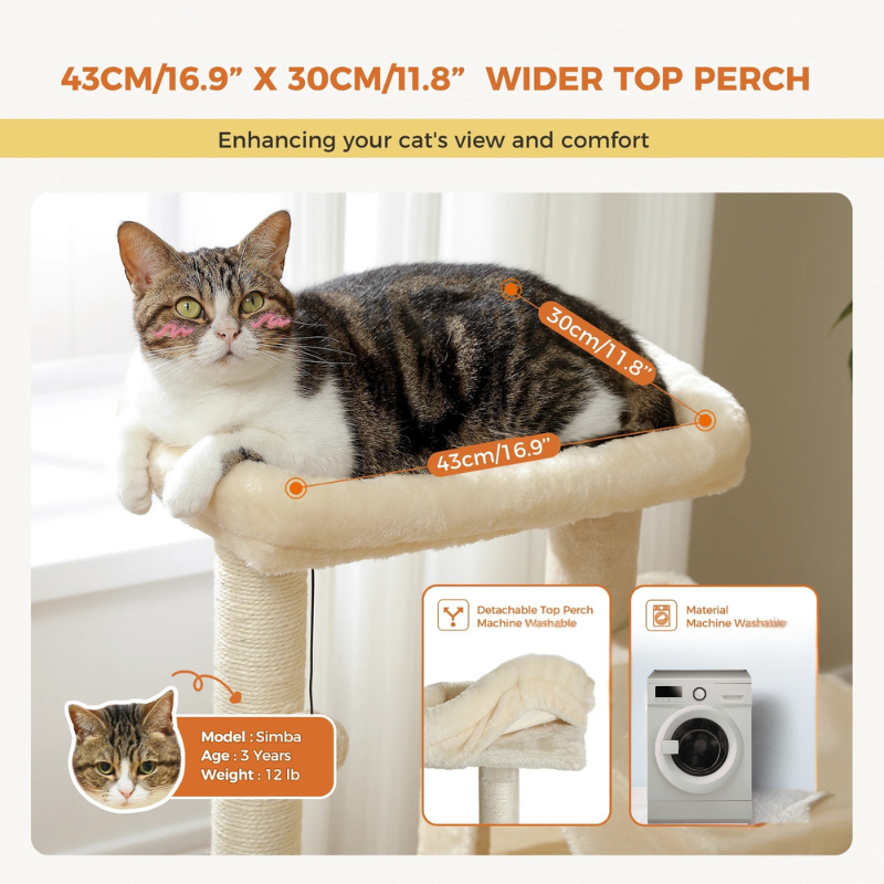 Arbre à chat maine coon doté de 2 niches, 1 lit surélevé, poteaux à griffer en sisal et 2 jouets - Youpie