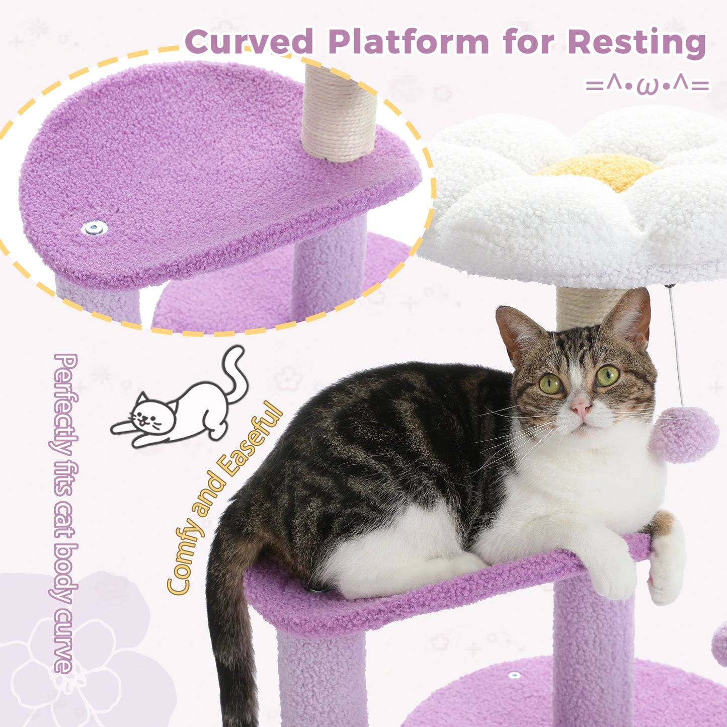 Petit arbre à chat de 84 cm équipé de 2 plateformes, 1 cabane, poteaux griffoir et 2 pompoms - Delanore