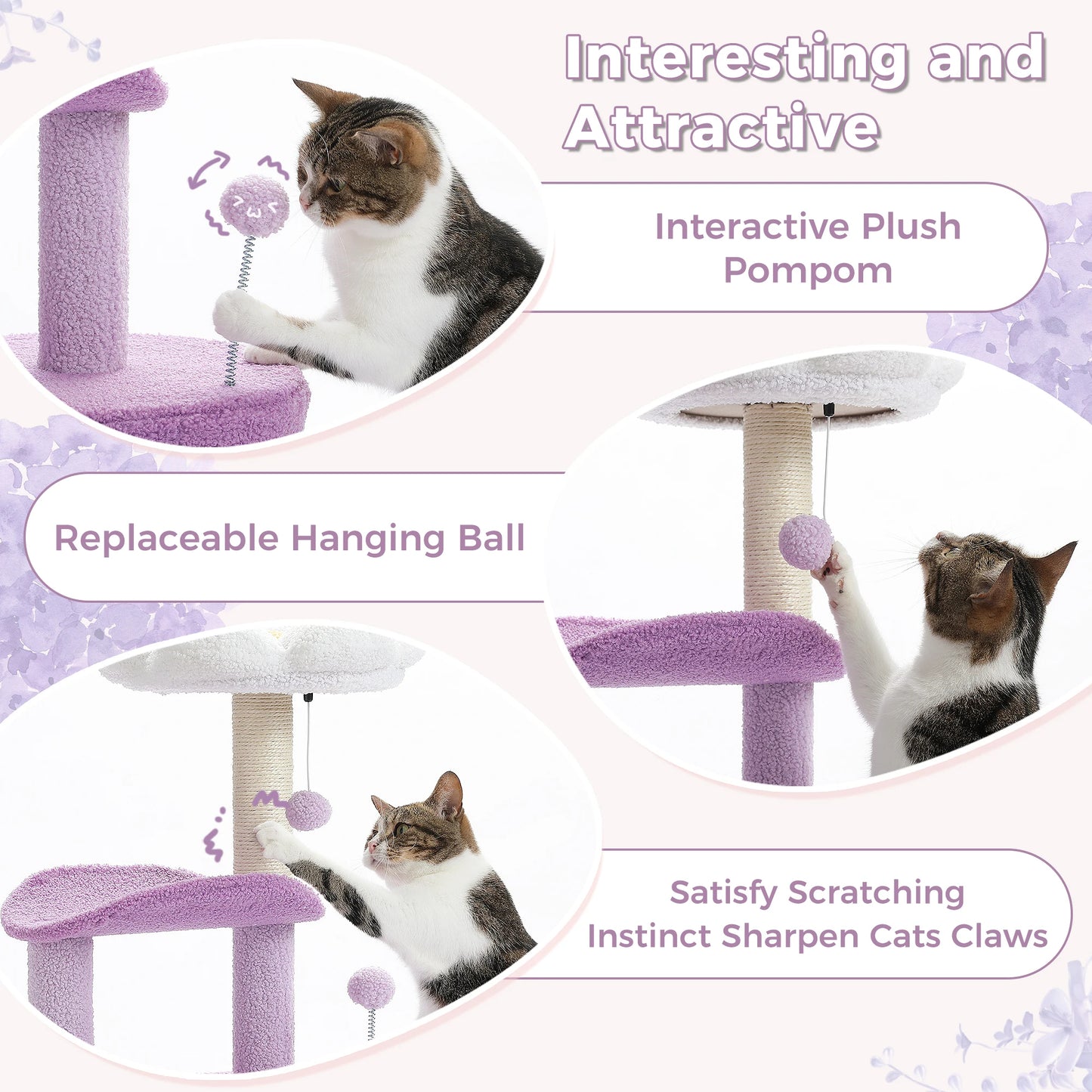Petit arbre à chat de 84 cm équipé de 2 plateformes, 1 cabane, poteaux griffoir et 2 pompoms - Delanore