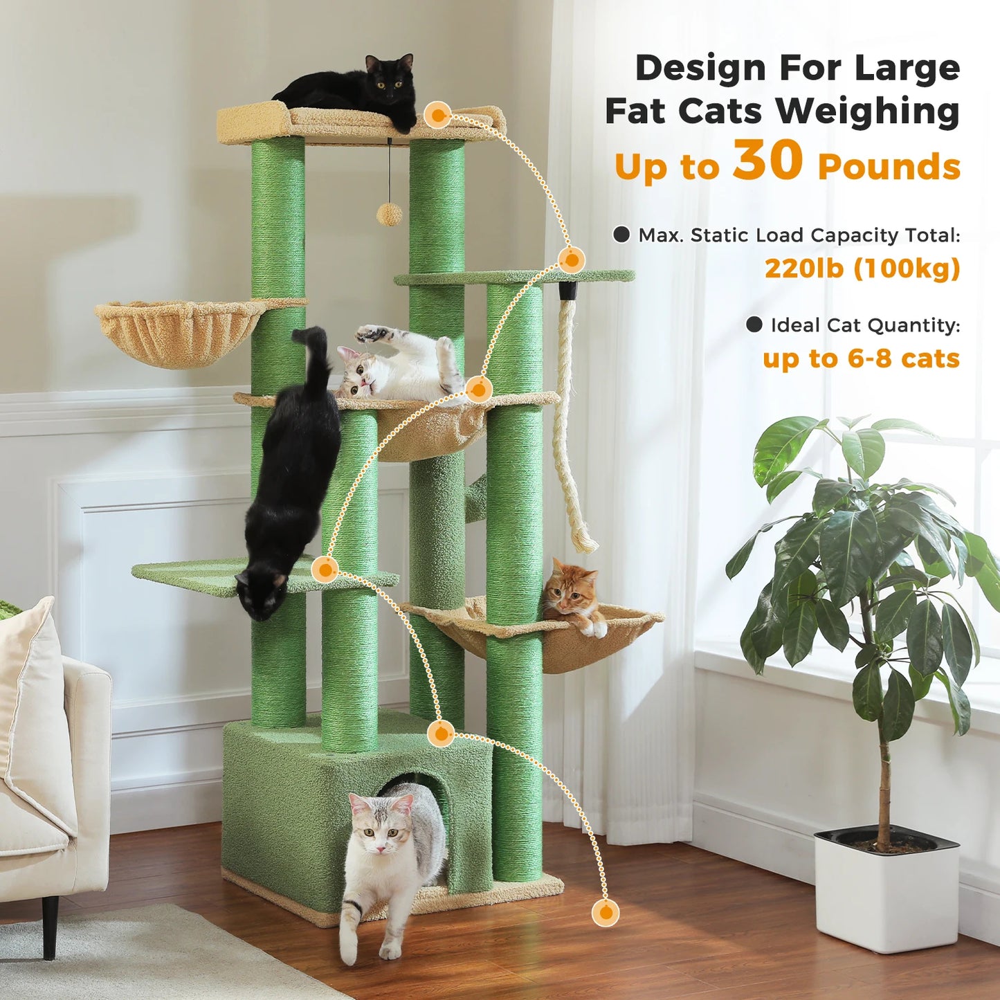 Arbre à chat maine coon qui comprend une maisonnette, nombreux supports, 2 paniers, corde et poteaux à griffer en sisal - Berra