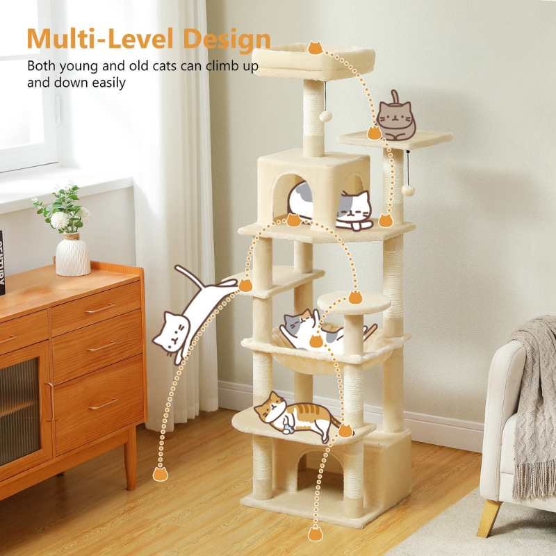 Arbre à chat XXL 184 cm, 2 lits surélevés, panier, multiples plateformes, 2 cabanes, griffoir en sisal et pompom - Perlova