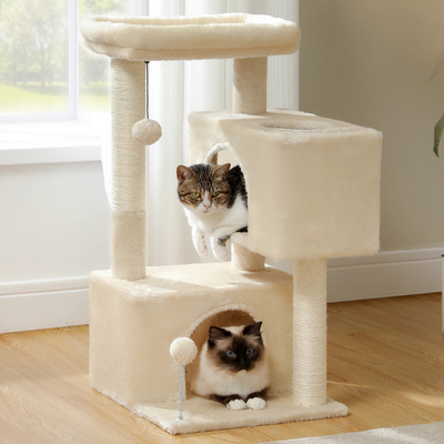 Arbre à chat maine coon doté de 2 niches, 1 lit surélevé, poteaux à griffer en sisal et 2 jouets - Youpie