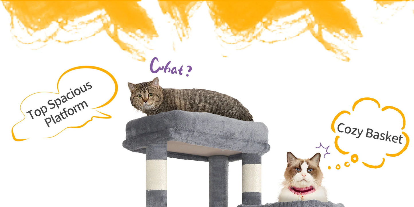 Arbre chat XXL 170 cm grande hauteur, avec nombreuses plateformes, paniers, cabanons, griffoir et pompoms - Ylaayna