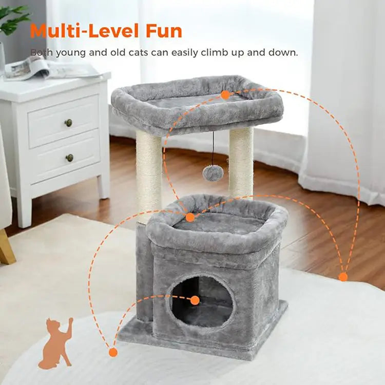 Petit arbre à chat avec 2 supports, griffoir, balle et 1 cabanon - Yzela