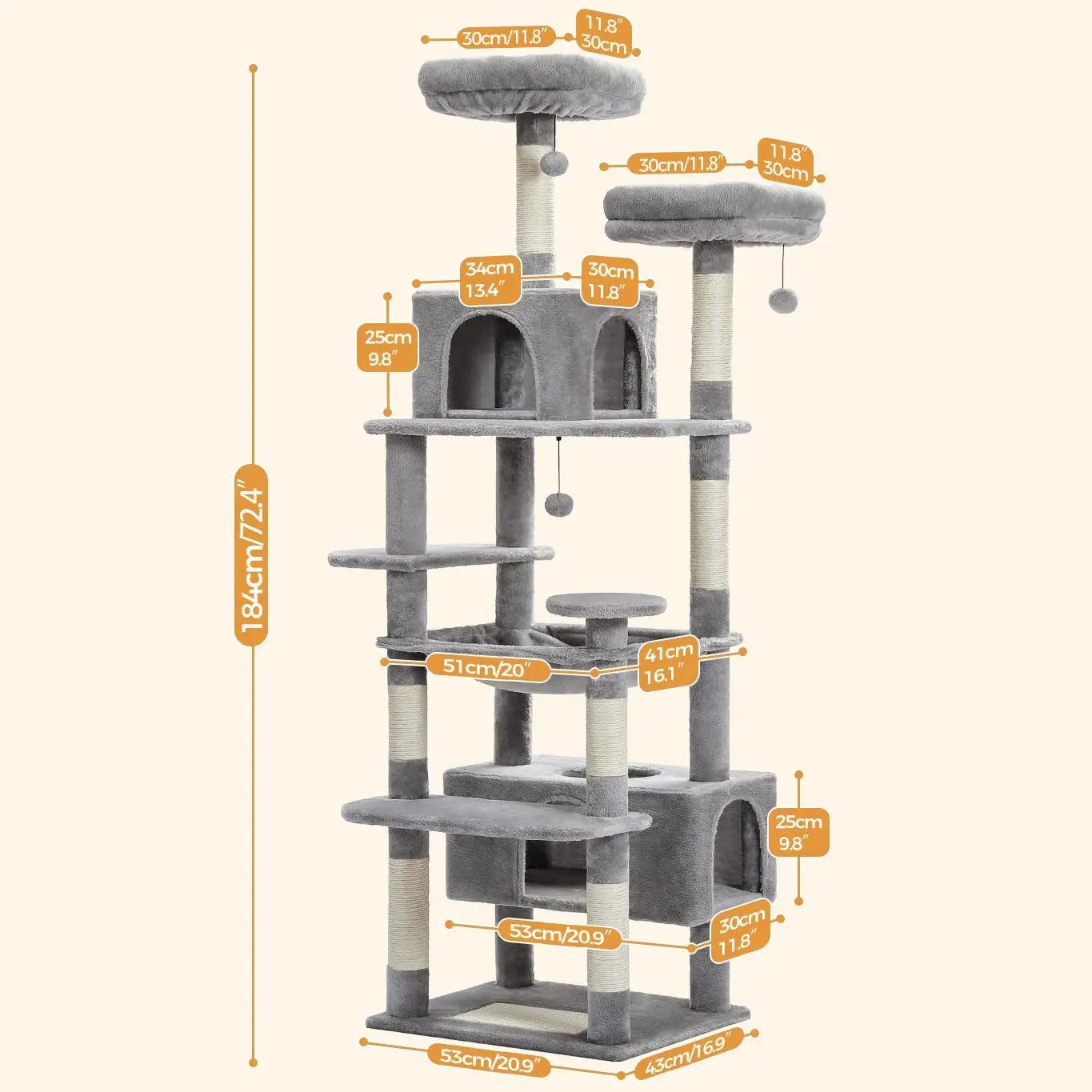 Arbre à chat XXL 184 cm équipé de 2 perchoirs, 2 condos, plusieurs plateformes, griffoir et balles - Varesoni