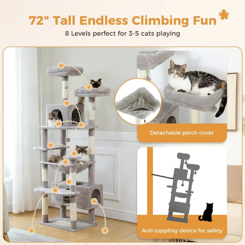 Arbre à chat XXL 184 cm équipé de 2 perchoirs, 2 condos, plusieurs plateformes, griffoir et balles - Varesoni