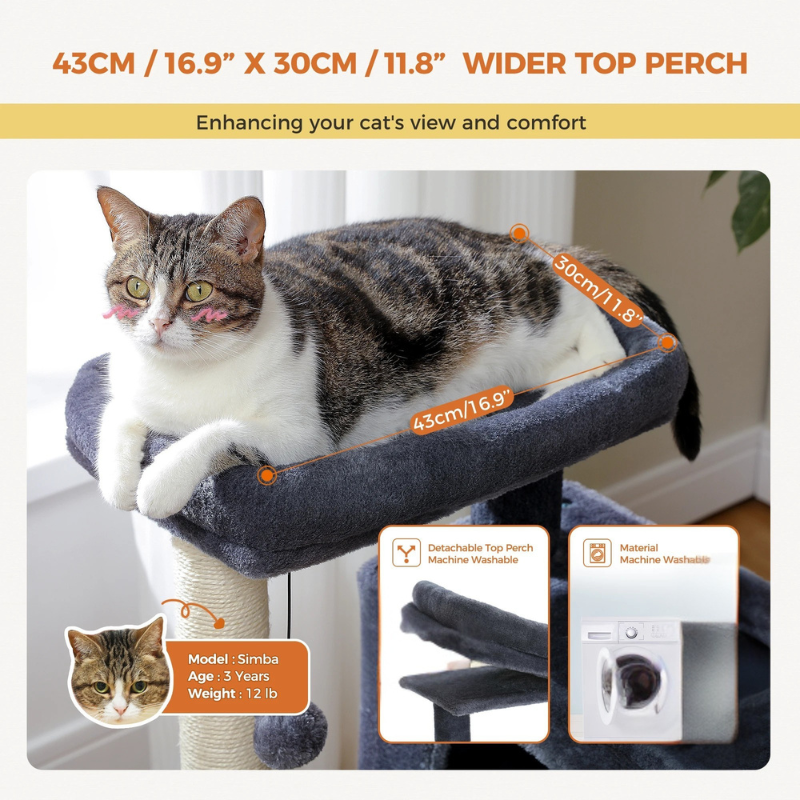 Arbre à chat maine coon 2 maisonnettes superposées, poteaux à griffer et 2 pompoms – Piroo