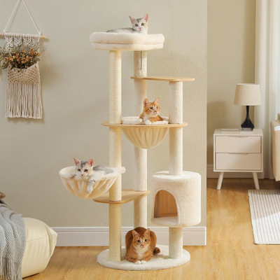 Arbre à chat design composé de 2 paniers, cabane, des poteaux à griffer et une tour supérieure – Elino