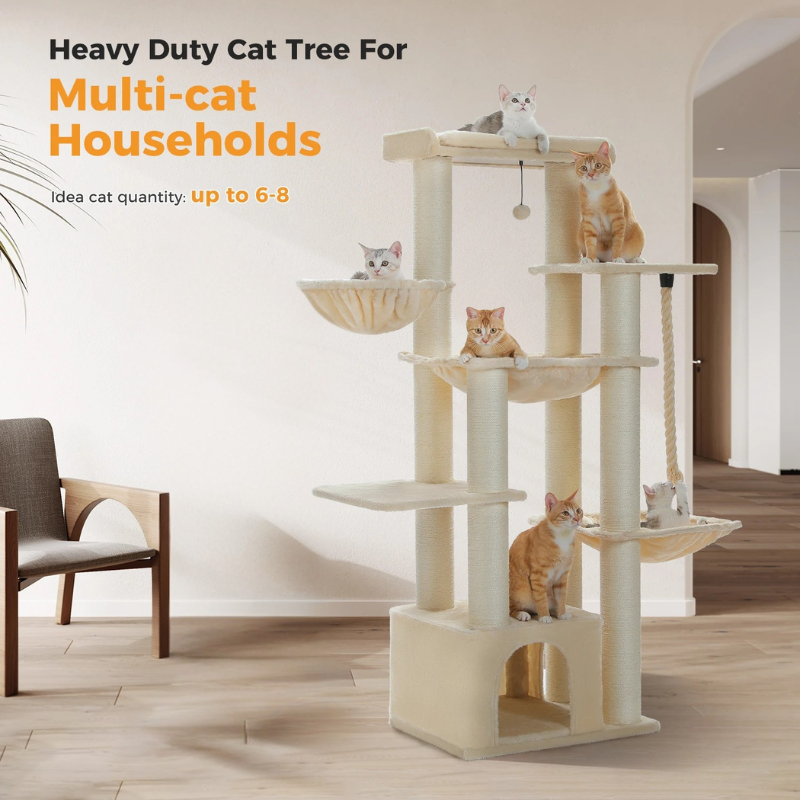 Arbre à chat maine coon doté de plusieurs paniers, maisonnette, poteaux, corde à griffer et tour d'observation - Faela