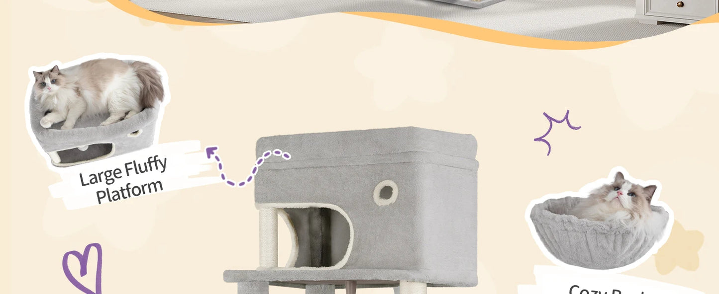 Arbre à chat XXL 178 cm avec griffoirs en sisal, 2 maisonnettes, 1 panier, nombreux plateformes, corde et pompons - Qitouni