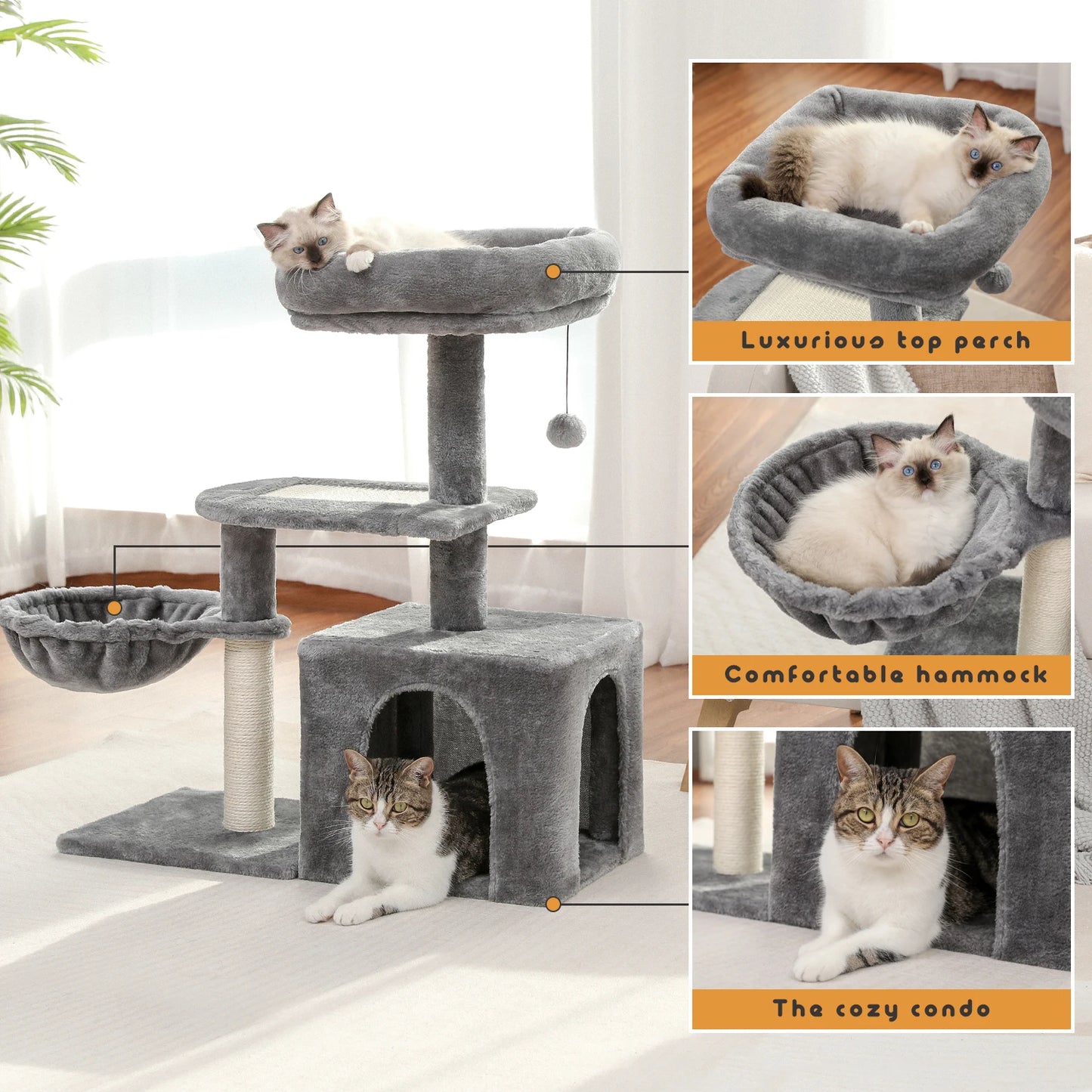 Petit arbre à chat avec griffoir, cabane, panier et tour d'observation - Noki