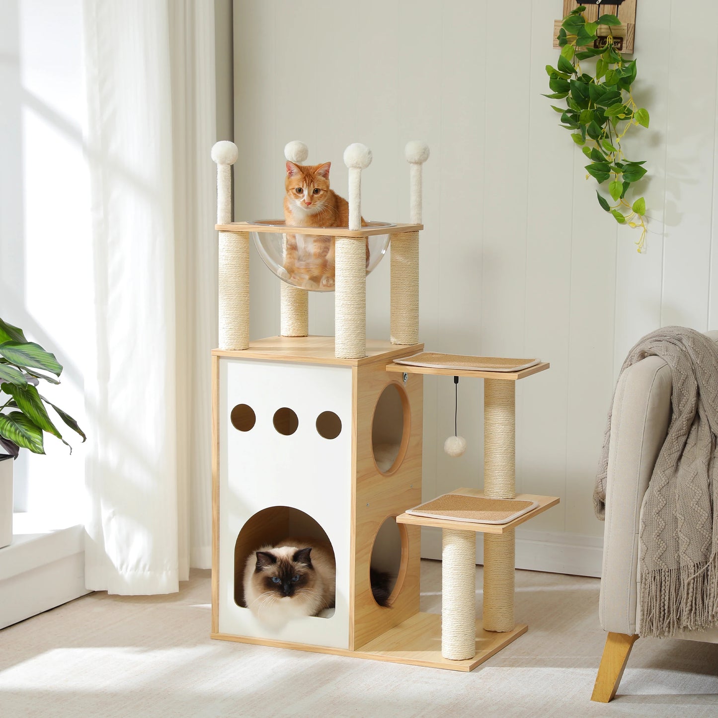 Arbre à chat bois avec 7 griffoirs, 2 cubes, 1 panier et 1 balle - Nido
