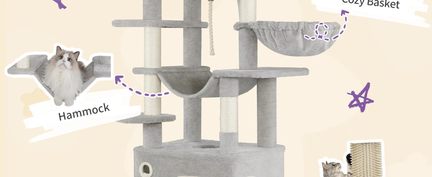 Arbre à chat XXL 178 cm avec griffoirs en sisal, 2 maisonnettes, 1 panier, nombreux plateformes, corde et pompons - Qitouni