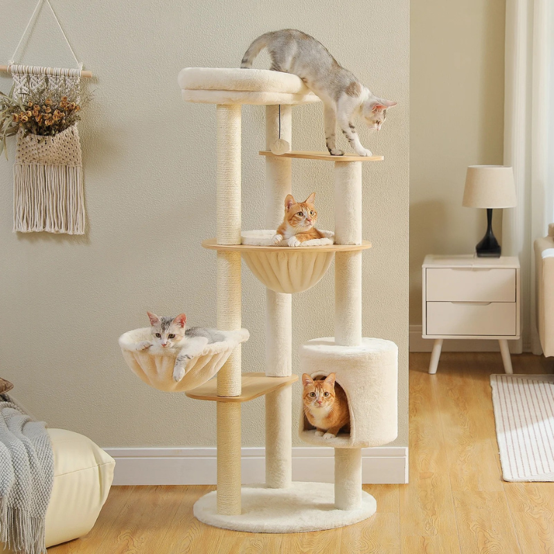 Arbre à chat design composé de 2 paniers, cabane, des poteaux à griffer et une tour supérieure – Elino