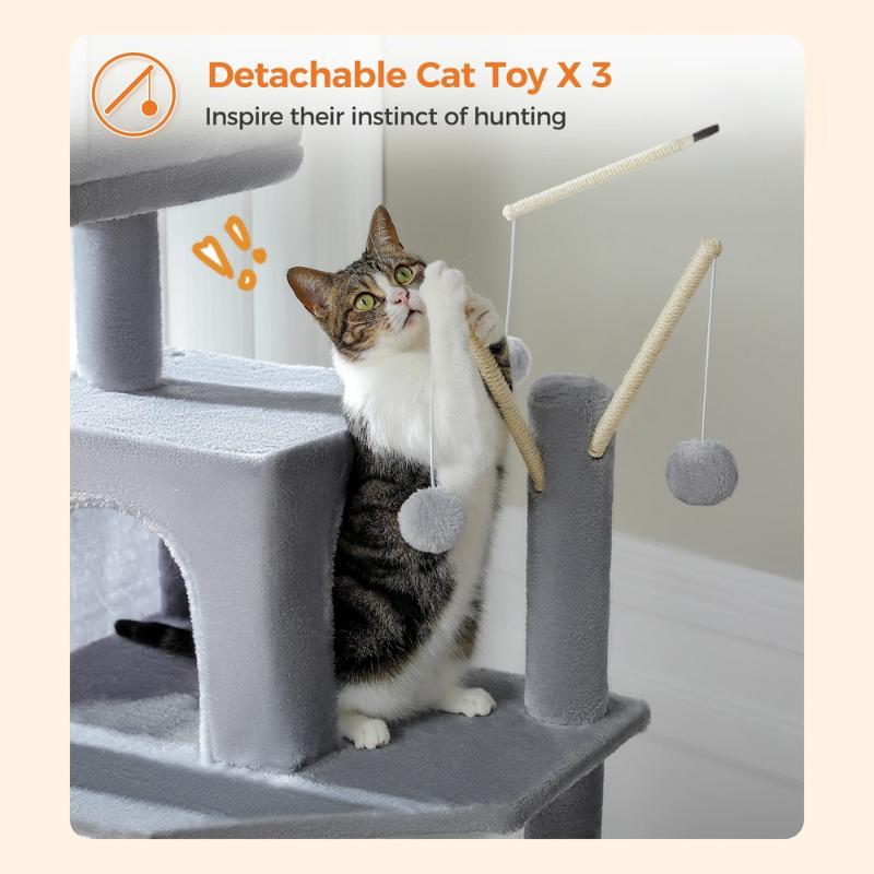 Arbre à chat maine coon comprenant multiples étages, plusieurs surfaces, paniers, condo, balles et niche en hauteur - Nakaho