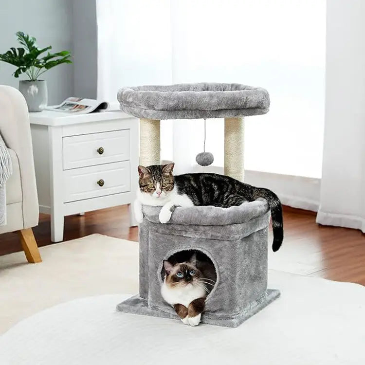 Petit arbre à chat avec 2 supports, griffoir, balle et 1 cabanon - Yzela