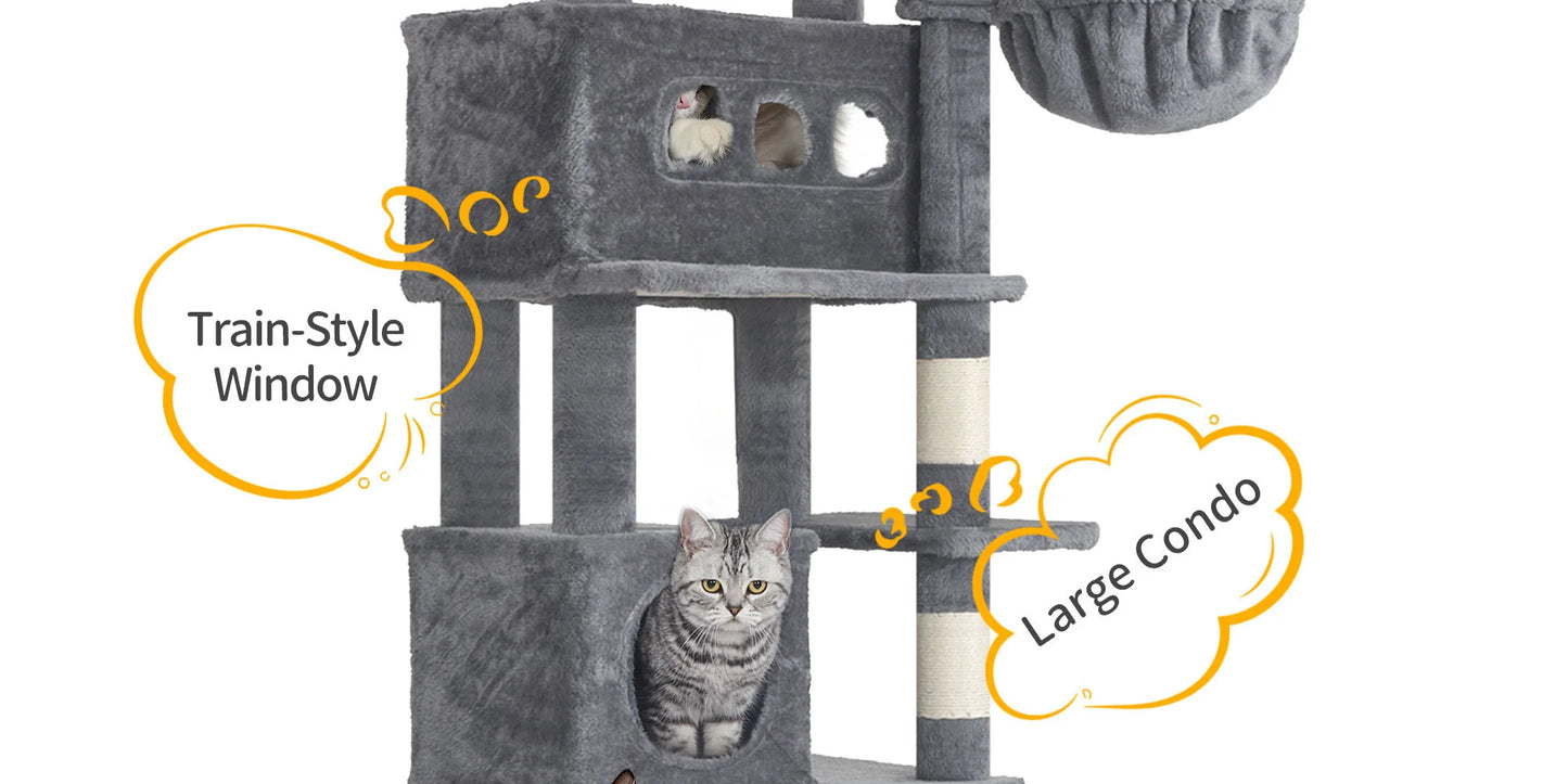 Arbre chat XXL 170 cm grande hauteur, avec nombreuses plateformes, paniers, cabanons, griffoir et pompoms - Ylaayna