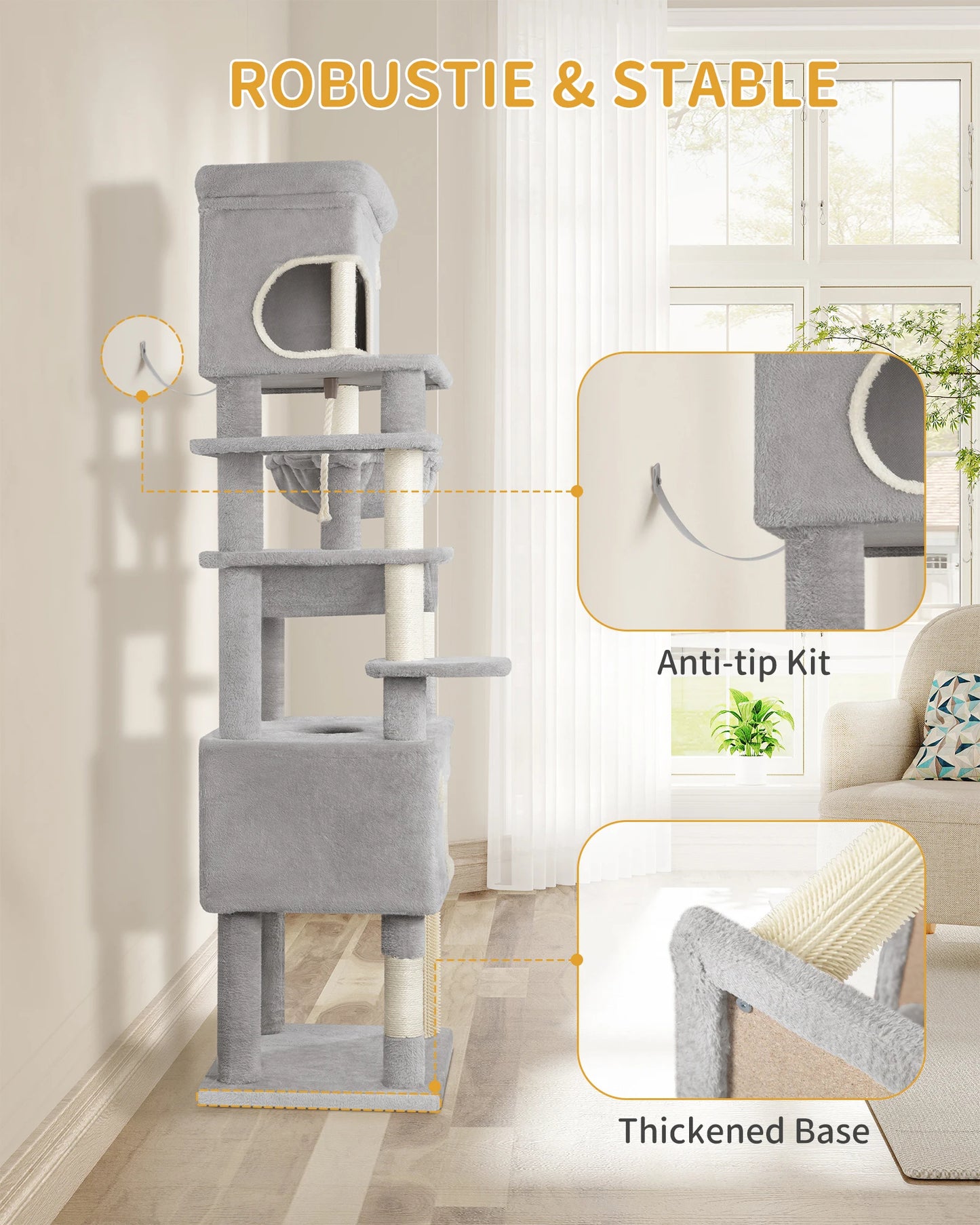 Arbre à chat XXL 178 cm avec griffoirs en sisal, 2 maisonnettes, 1 panier, nombreux plateformes, corde et pompons - Qitouni
