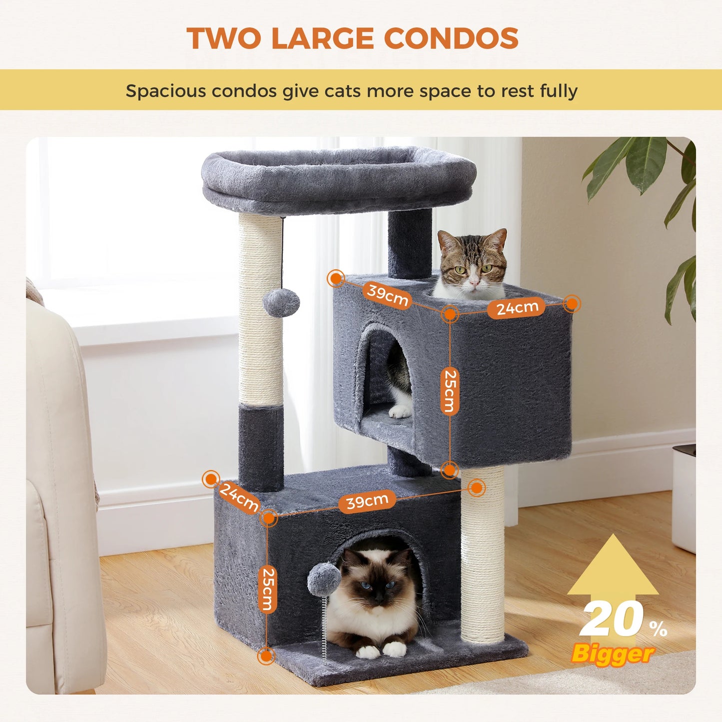 Petit arbre à chat équipé de 2 condos, 2 griffoirs, 1 lit en hauteur et 2 balles - Arko