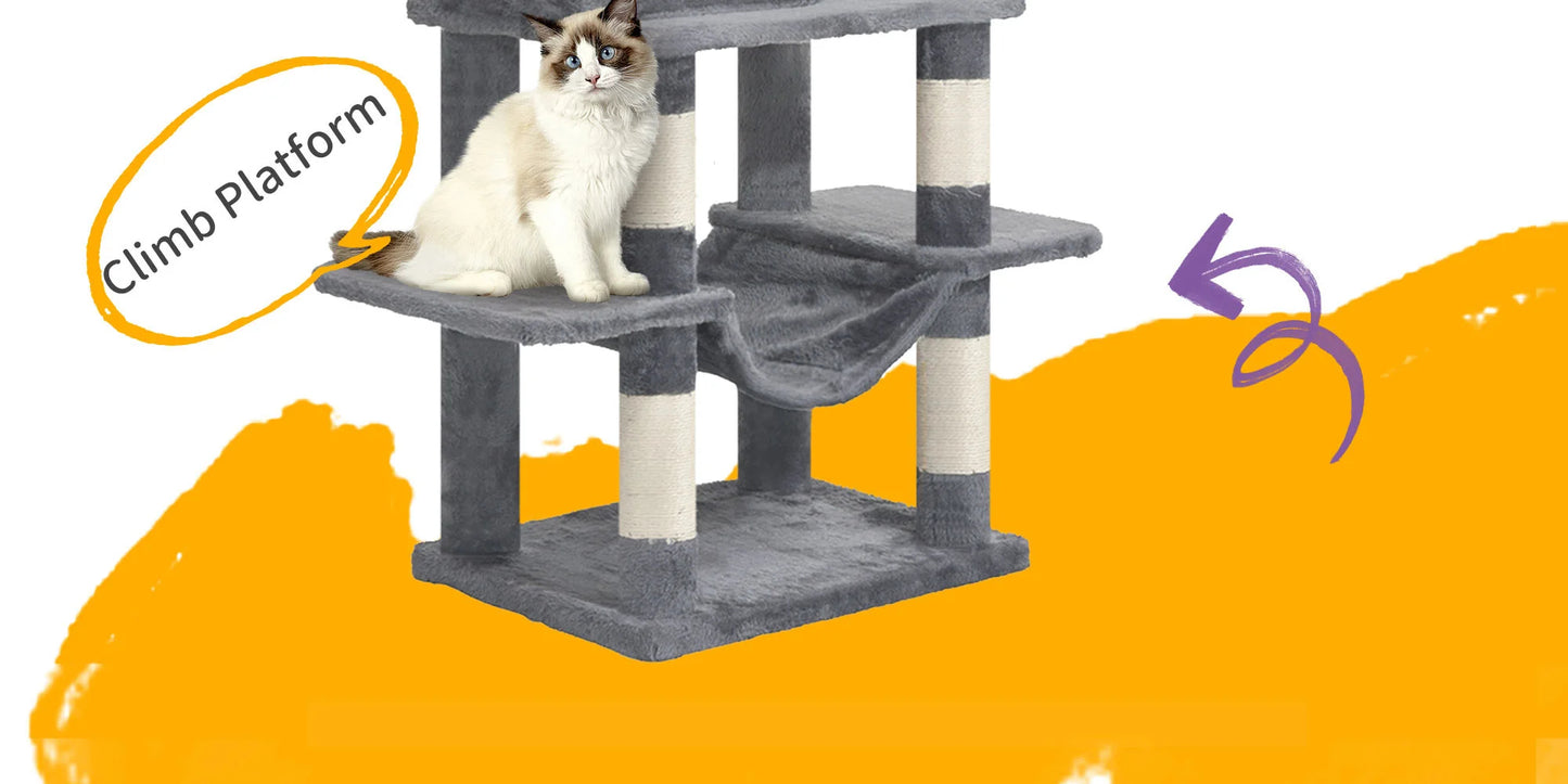 Arbre chat XXL 170 cm grande hauteur, avec nombreuses plateformes, paniers, cabanons, griffoir et pompoms - Ylaayna