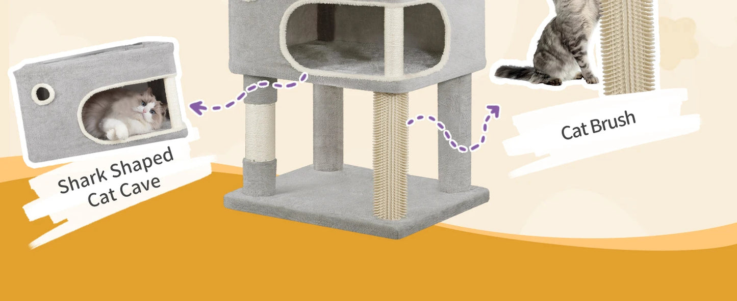 Arbre à chat XXL 178 cm avec griffoirs en sisal, 2 maisonnettes, 1 panier, nombreux plateformes, corde et pompons - Qitouni