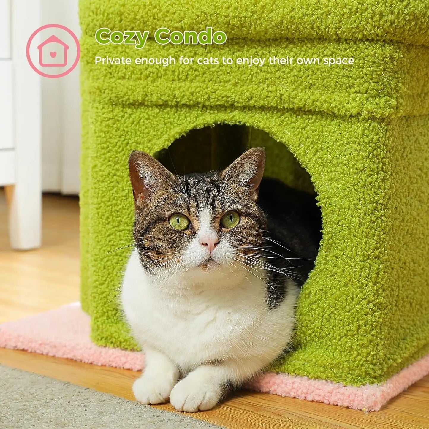 Petit arbre à chat équipé de condo, 1 lit supérieur, 1 plateforme, poteaux griffoir et pompon - Ayyara