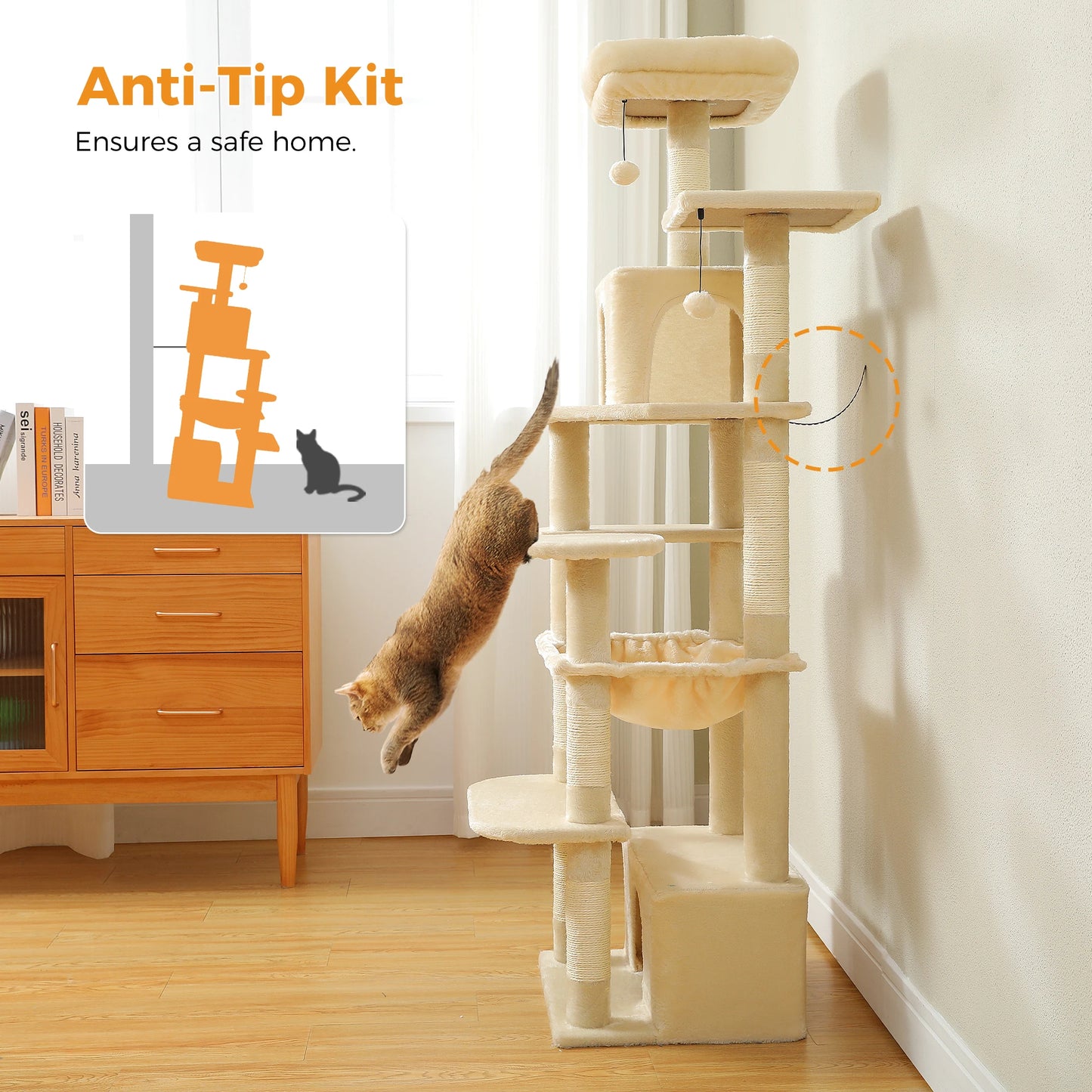 Arbre à chat XXL 164 cm, 2 niches en hauteur, plusieurs supports, 2 condos, pompoms et griffoir sisal - Talumera